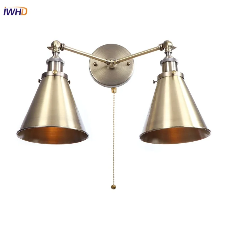 

IWHD Pull Chain Switch LED Wall Light Kitchen Dinning Room Bedside Lamp Industrial Two Heads Vintage Bronze Color Iron Lamparas