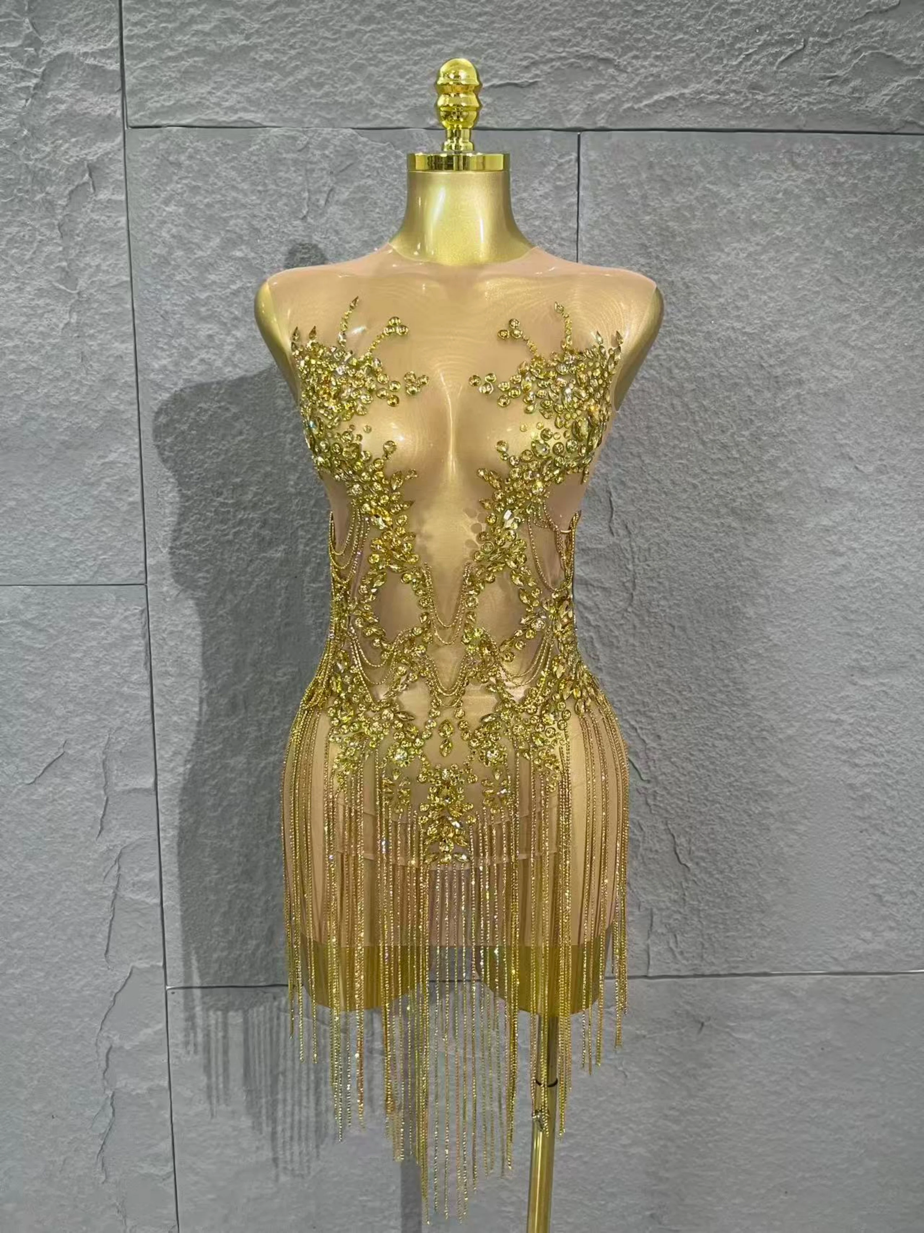 

2025, роскошное мини-платье без рукавов с блестящей цепочкой и стразами, сценическое платье для танцев, ночного клуба, платье для дня рождения