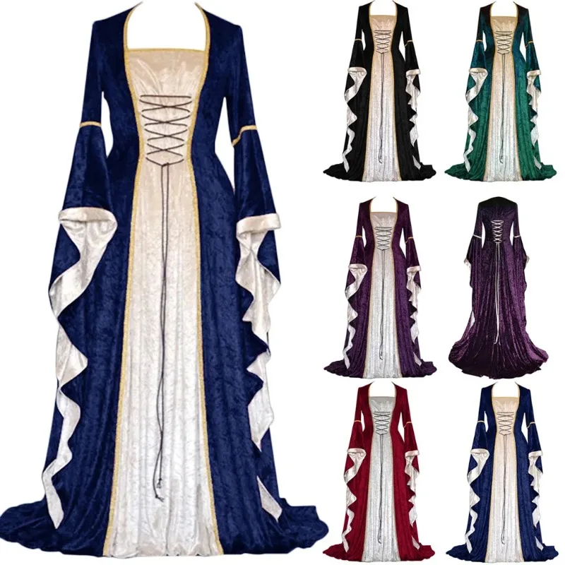 

Halloween Women Medieval Retro Court Princress Cosplay Costume Long Dress Elegant Witch Square Collar Masquerade