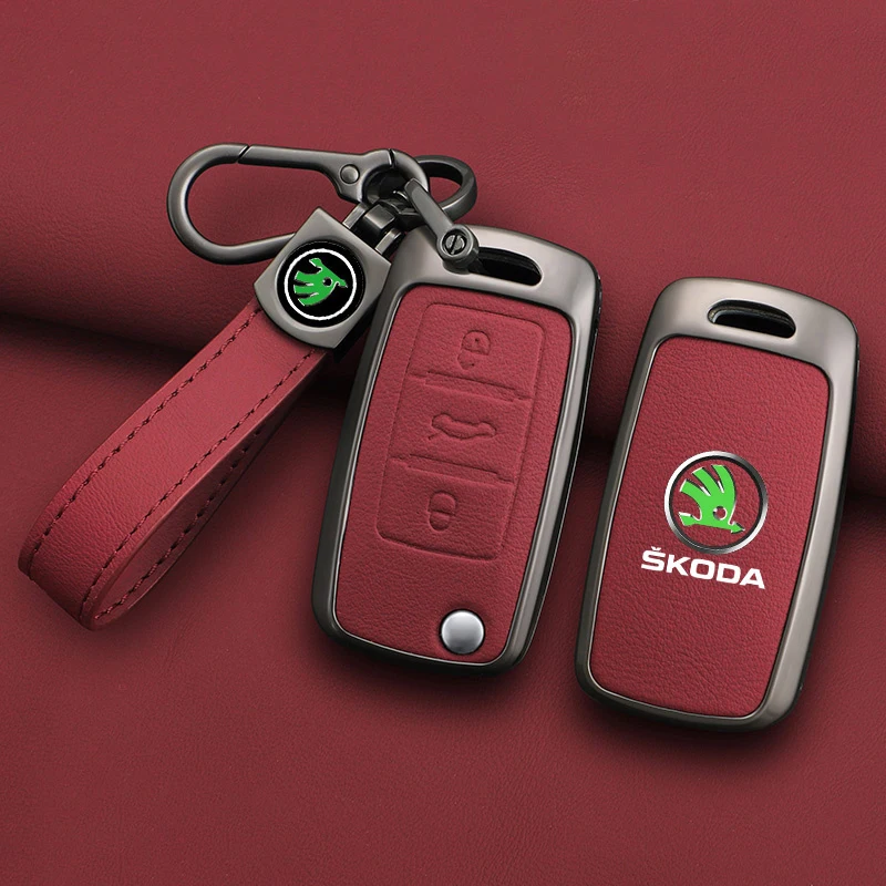 Zinc Alloy Leather Car Remote Key Case Cover Protector Shell Fob For Skoda Superb A7 Kodiaq Octavia A7 A8 Keychain Accessories