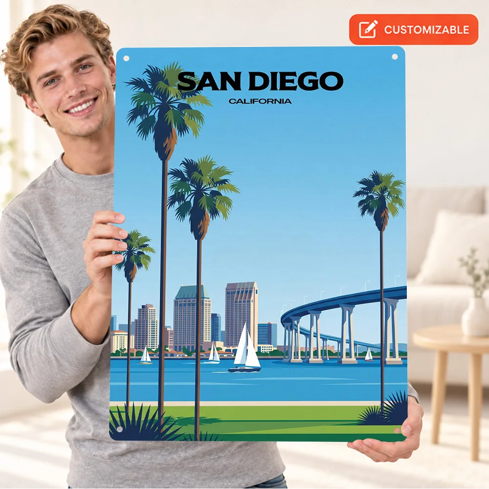 San Diego California Travel Printed Poster Retro Bold Design Bedroom Wall Art Personalized Aluminum Metal Sign City Lover Gift