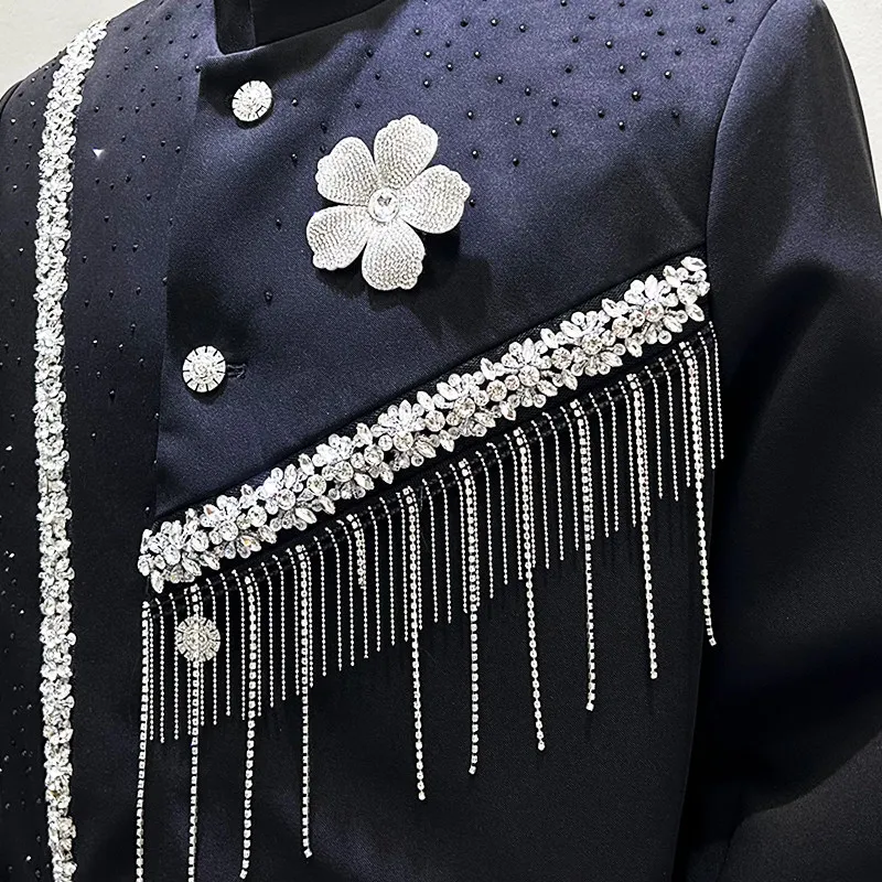 Men's Chinese Stand Collar Jacket with Chains and Fringe for Banquets, Performances and Dressy Occasions
