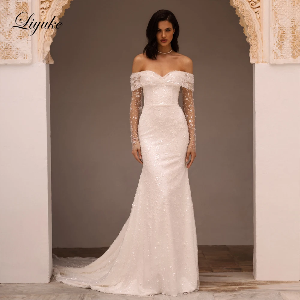 

Liyuke Luxurous Beading Pearls Lace Sweetheart Mermaid Wedding Dress Elegant Off Shoulder Full Sleeve Trumpet Bridal Dresses