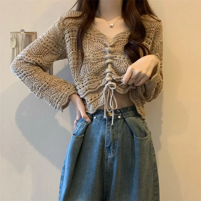 Korean Simple Hollow Out Drawstring Knit Sweaters Women Spring Summer Solid V-Neck Lace Up Sweet and Spicy Sexy Design Short Top