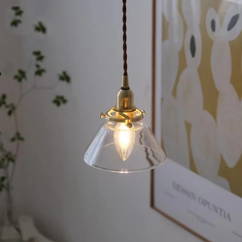 

Nordic Retro Simple Bedside Aisle Brass Transparent Glass Small Chandelier