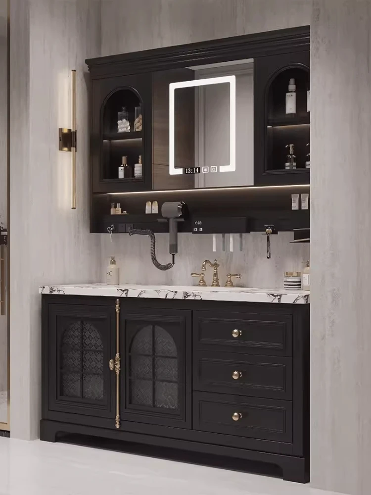 

French retro floor-to-ceiling bathroom cabinet combination Corian integrated basin washstand rock slab seamless washbasin