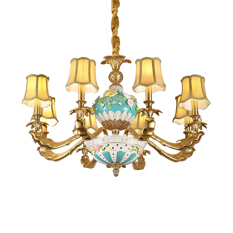 

French Fancy Interior Decor Living Room Brass Ceramic Chandelier Villa Foyer Copper Fabric Pendant Light