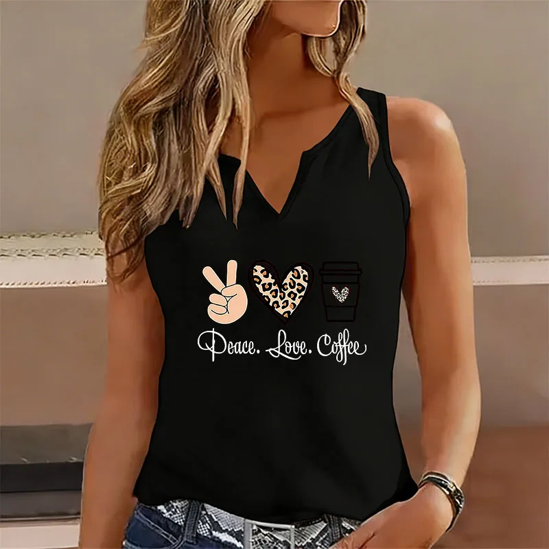 Peace Love Coffee Sleeveless Tank Top T-shirt V Neck Casual Fashion Vest T Shirts Women Short Sleeve Tee Shirt V-Neck