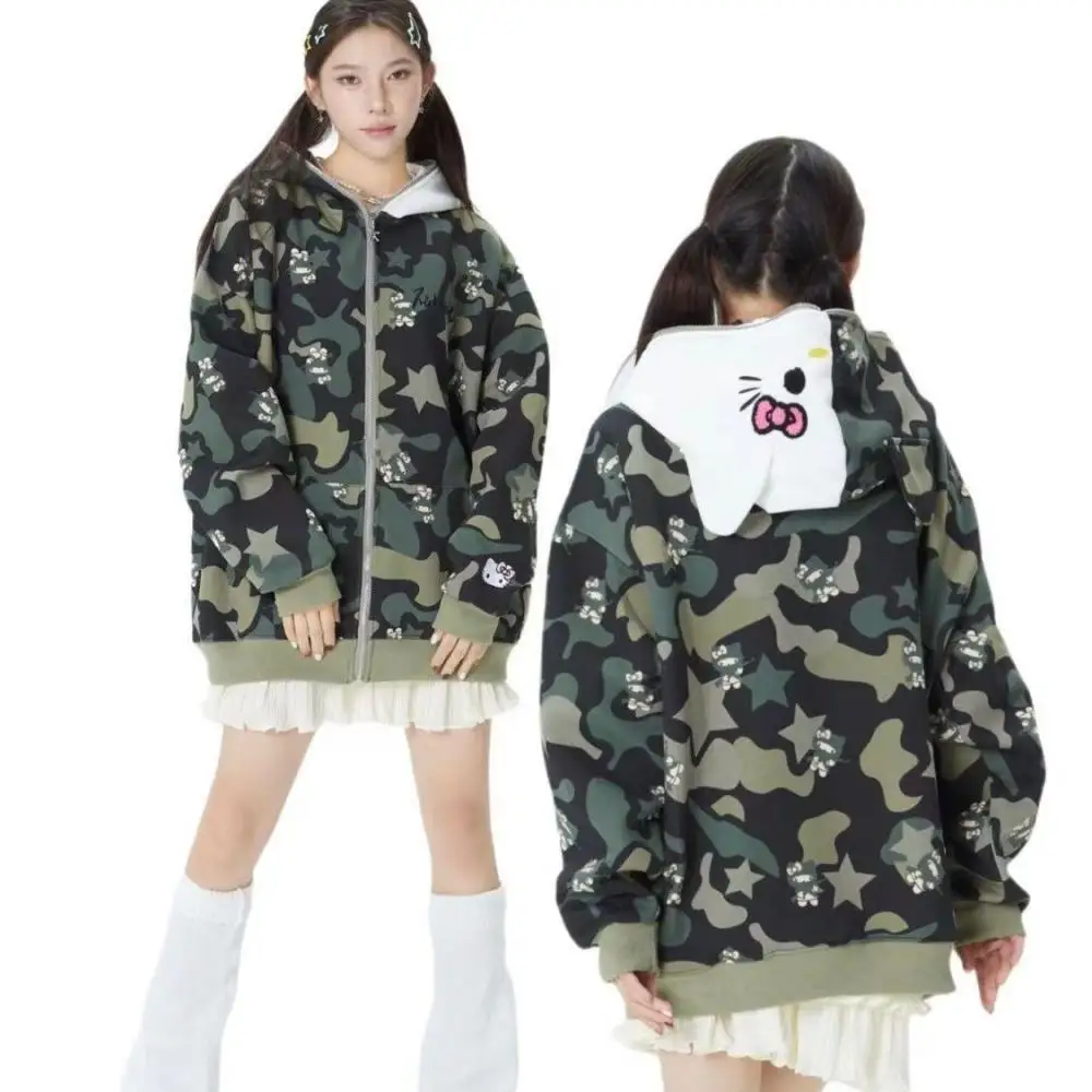 Anime Autumn Y2K Hello Kitty Hoodie Hooded Sanrioed Couple Outfit Cotton Cute Cardigan Jacket Camouflage Coat Men Women Student