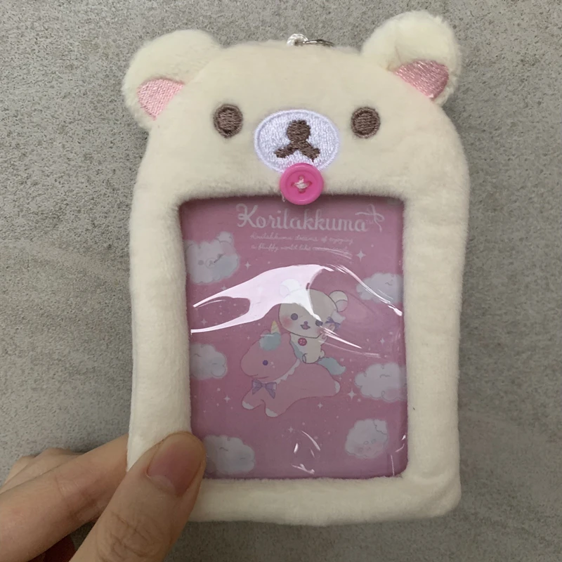 Rilakkuma gantungan kunci foto halus, Gantungan Kunci foto empuk, tempat kartu ID, imut, kartun beruang, tampilan foto idola