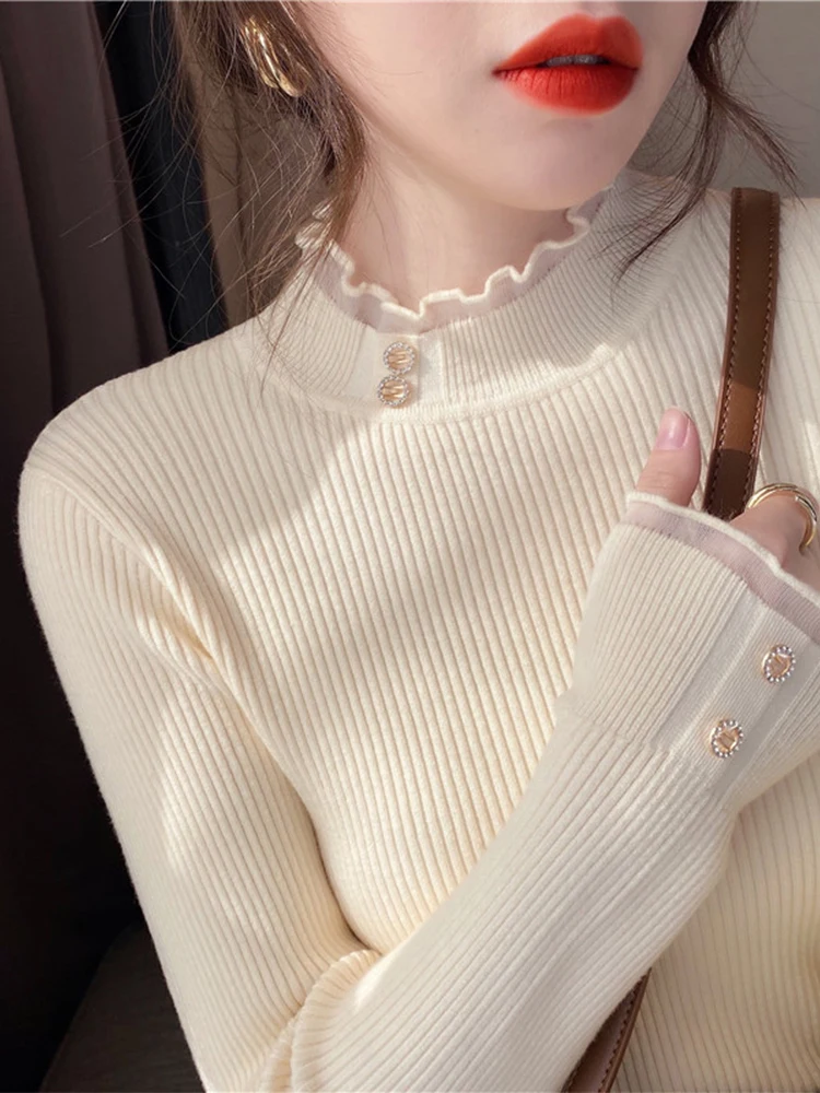 

Lace Half High Collar Women's Base Shirt Knitted Inner Wear Winter Elegant Sweater Outerwear White Knitted Top Spring Autumn