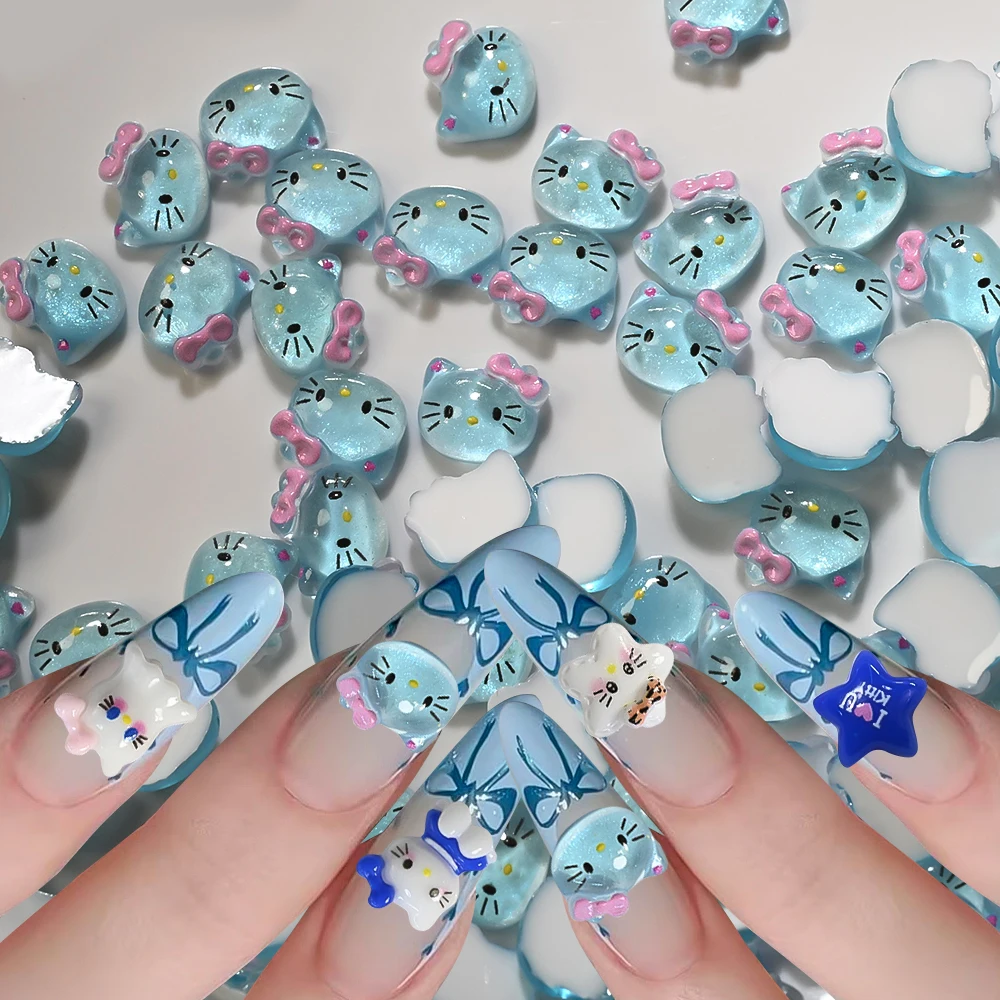 50 Uds. De dijes Kawaii de dibujos animados de gatito y gato para decoración de uñas, resina mixta de verano, lazo de leopardo de Hello Kitty, decoración de uñas, piezas de joyería para manicura