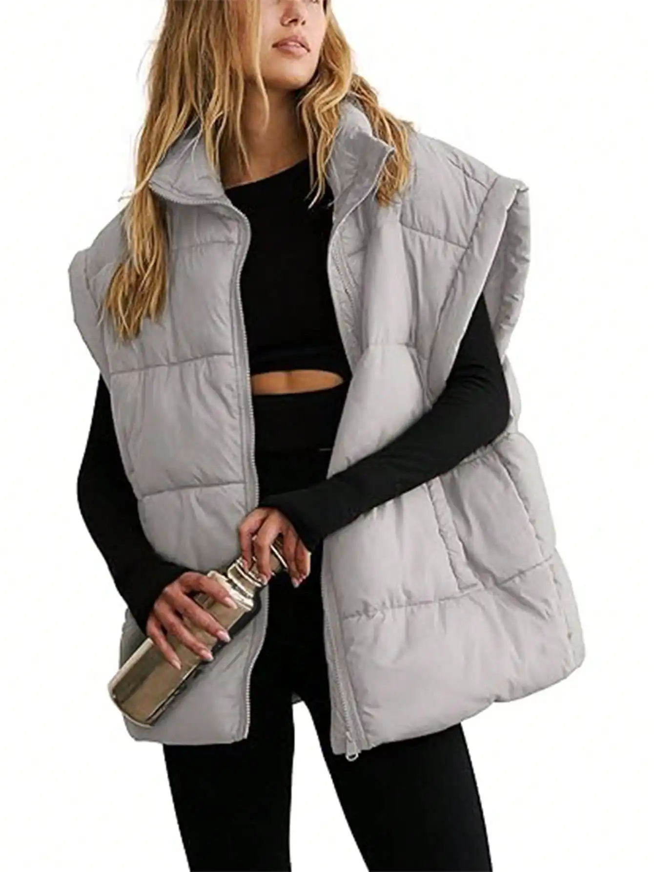 

Women's Winter Puffer Vest - Quilted Sleeveless Jacket With Stand Collar,Lightweight Oversized Padded Coat With Pockets,