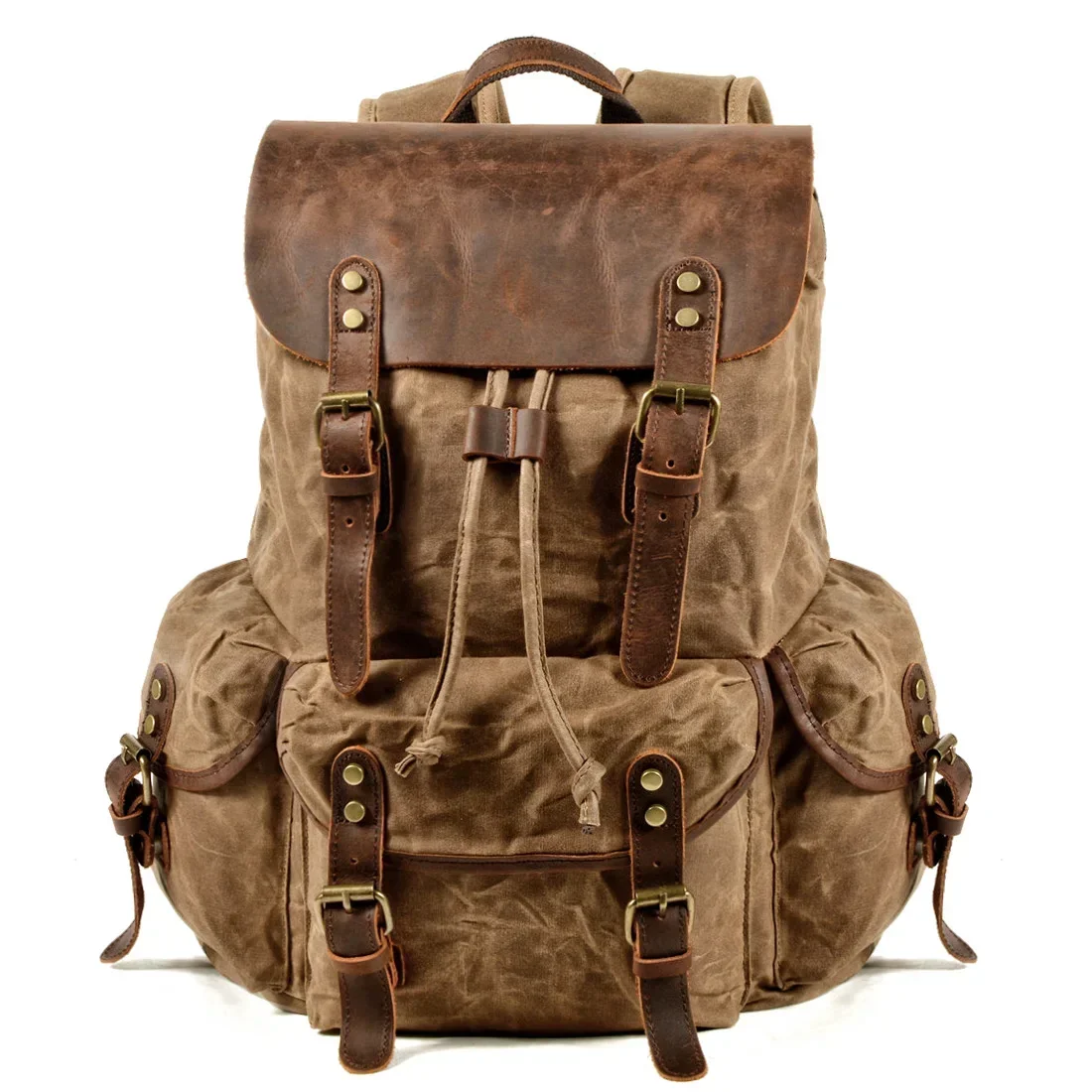 

Casual Canvas Backpack Vintage Drawstring Men's Batik Canvas with Leather rucksack Trend Travel Mountaineering Hiking Bag