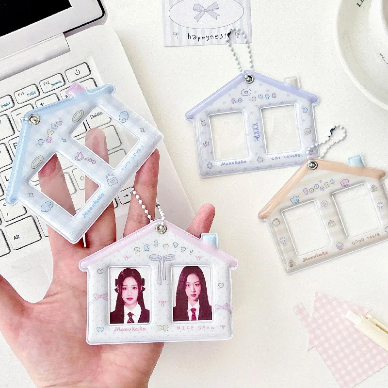 1 بوصة منزل صغير حامل بطاقة PVC فتحة مزدوجة Cp حامل بطاقة شبكة مزدوجة على شكل حامل بطاقة المفاتيح Kpop عرض الصور الشماعات
