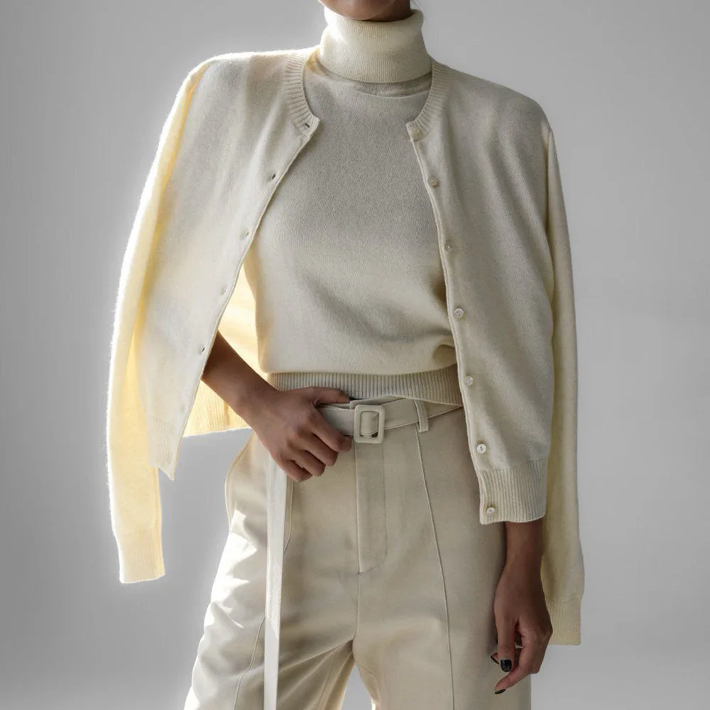 

2025 Autumn Women's New Turtleneck Sleeveless Tank Top Soft Knit Button Up Cardigan Winter Elegant White Sweater Two-piece Set