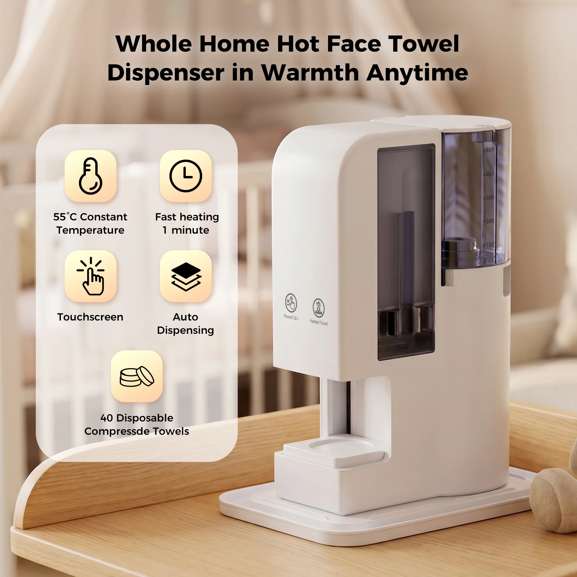 Compressed Towel Warmer, 55°C Constant Temperature Automatic Warm Towel Machine, 1‑Min Fast Heating Touch Screen Hot Compress Towel Dispenser for Home Baby Skincare Makeup Removal
