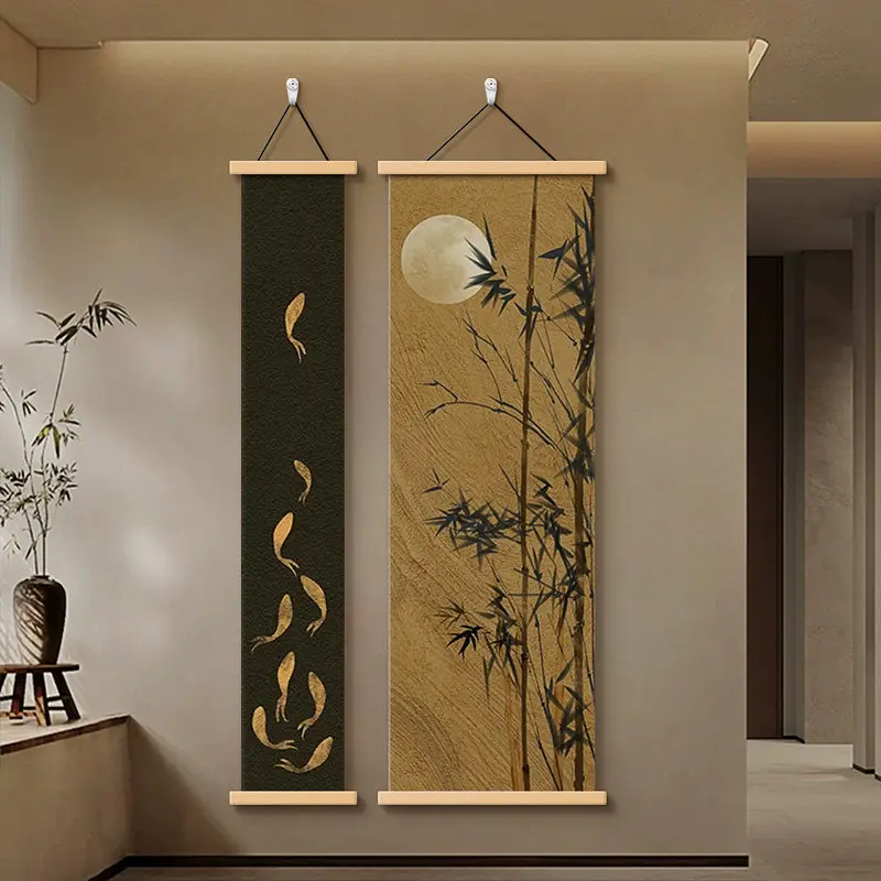 Bamboo Pattern Two-Panel Ink Art Vertical Scroll Wall Poster Asian Home Decor for Entryway Hallway Zen Study & Japanese Tea Room