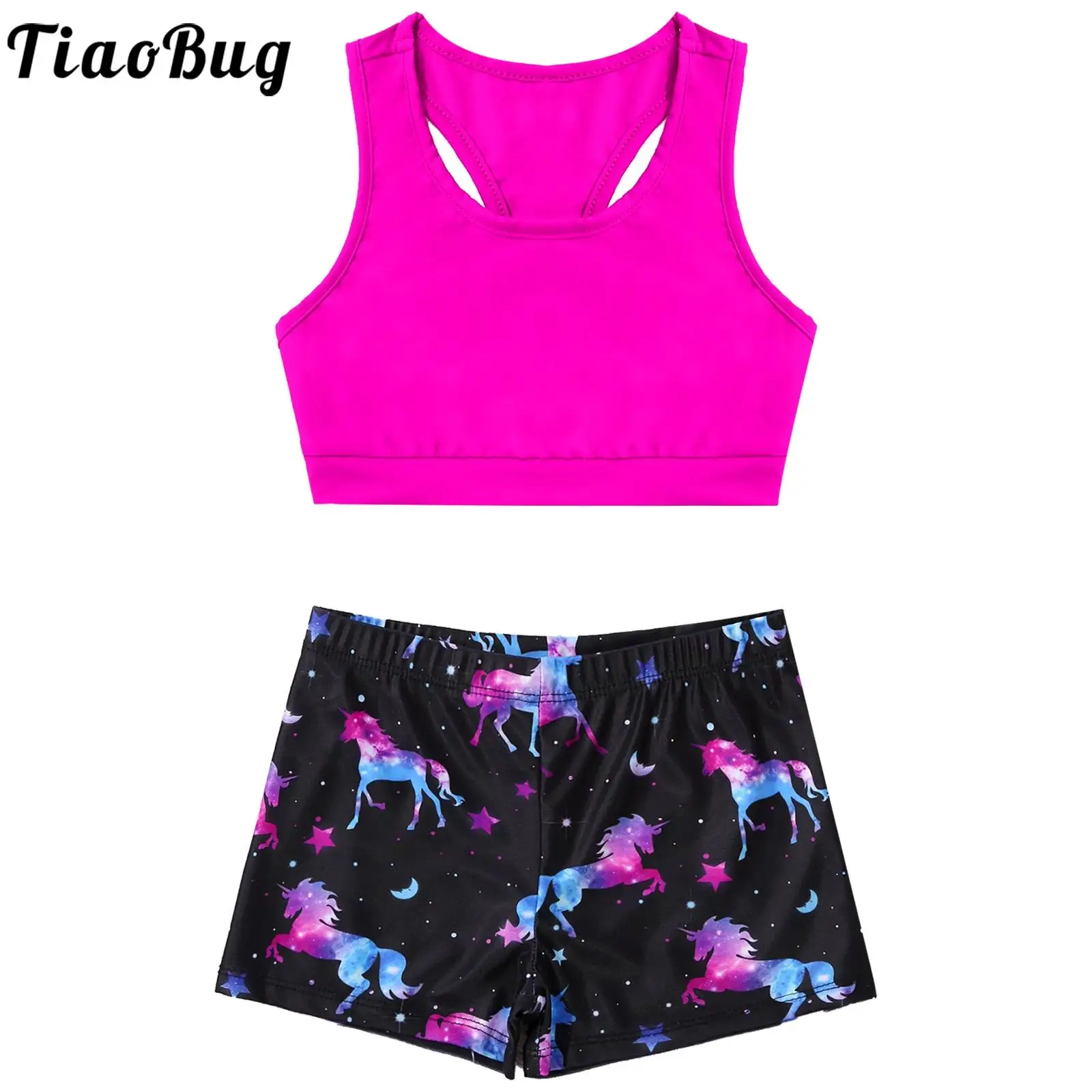 Kids Girls 2-Piece Active Set Dance Sport Outfits Racer Back Crop Top and Booty Short Ballet Gymnastics Dancing Clothes