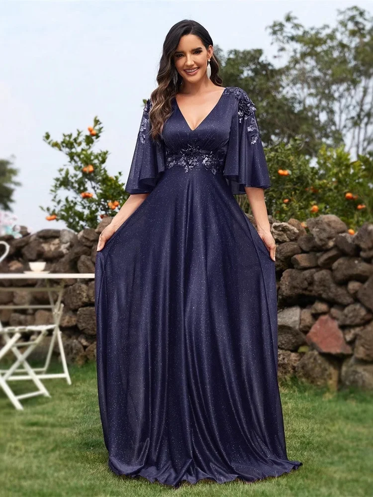 

New Blue Chiffon Slim Fit Gown with Bell Sves for Maids of Evening Dres Fem Attendees Par Wear Low Waist