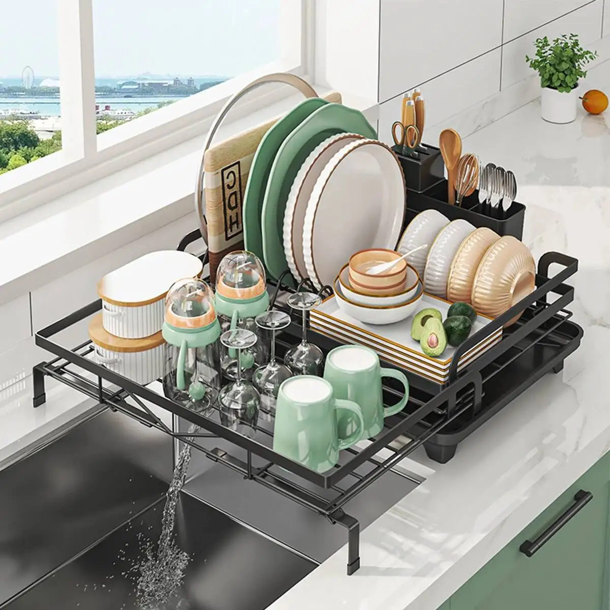 

Drainer Rack, Expandable Drying With Cutlery Holder And Swivel Drainage Spout, Dish Rack For Kitchen Counter