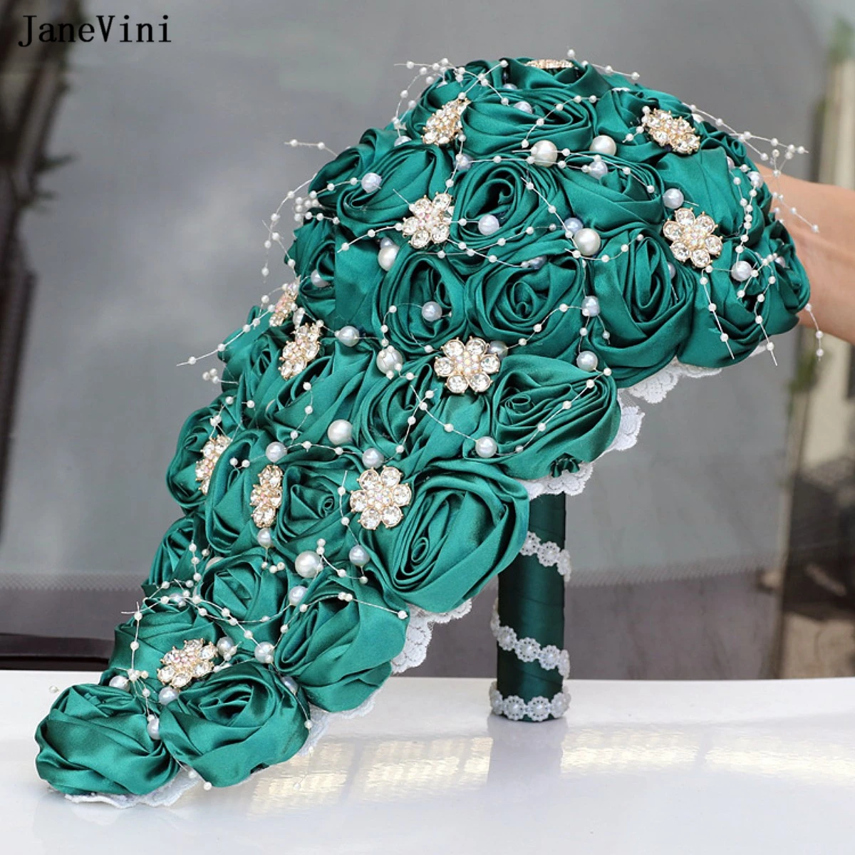 

JaneVini Charming Pearls Dark Green Waterfall Bridal Bouquets Cascading Flowers Artificial Satin Roses Wedding Bouquet for Bride