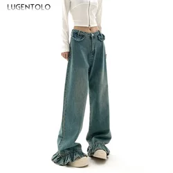 Women Vintage Fashion Jeans Casual Loose Straight Leg Solid Bleached Female Street Washed New Mid-rise Wide-leg Pants