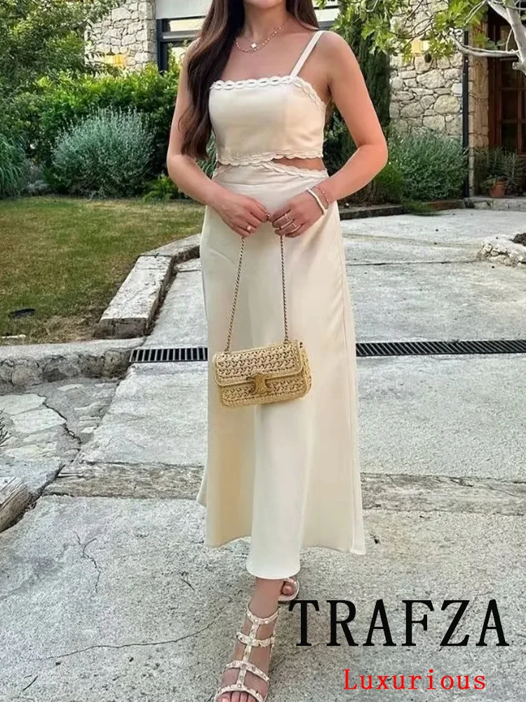 TRAFZA Vintage Chic Solid  Women Dress Sleeveless Backless Hollow Out Dress New Fashion 2024 Summer Chic Beach Party Dress