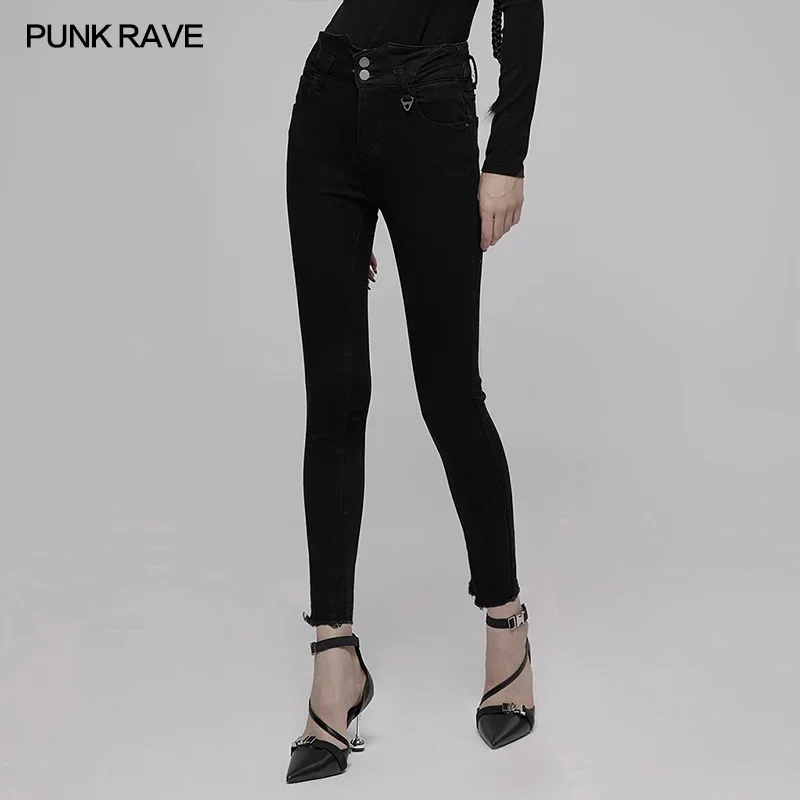 PUNK RAVE Women's Punk Daily High Waist Slim Tight Fit Denim Pants with Back Crossed Straps Black Trousers Spring/Autumn