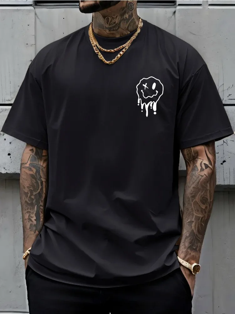 2026 Summer Best-selling Men's Pure Cotton T-shirt Street Casual Fashion Soft and Breathable Simple Smile Pattern Print