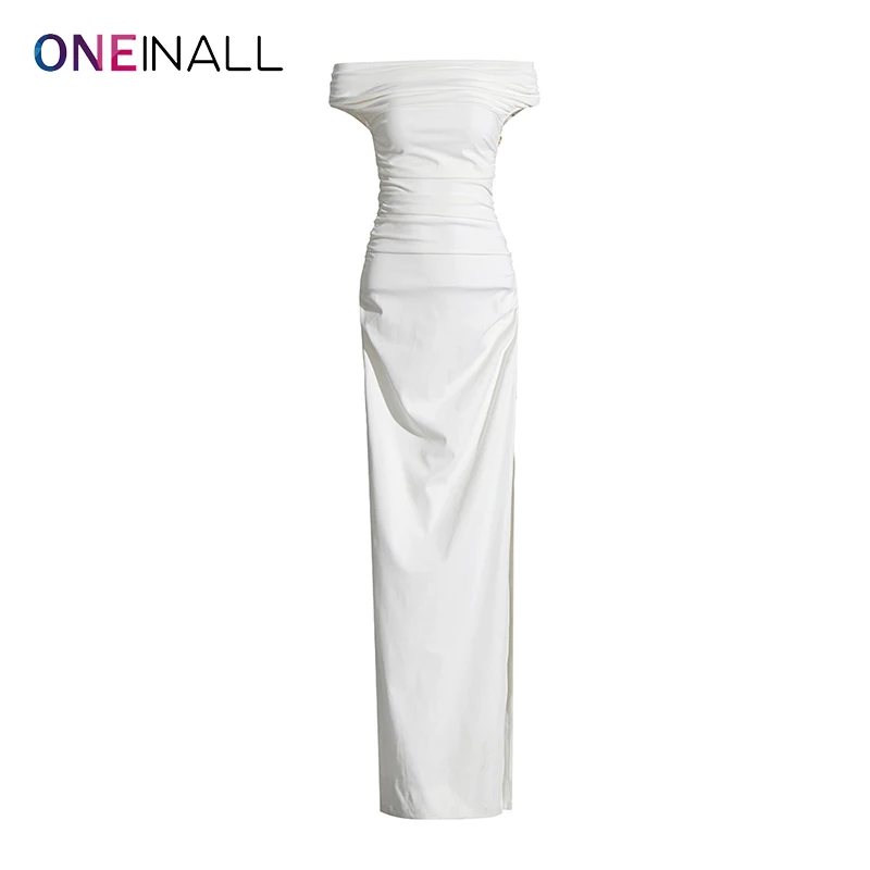 

ONEINALL Patchwork Folds Elegant Dresses For Women Slash Neck Short Sleeve High Waist Solid Temperament Slim Dress Female Summer