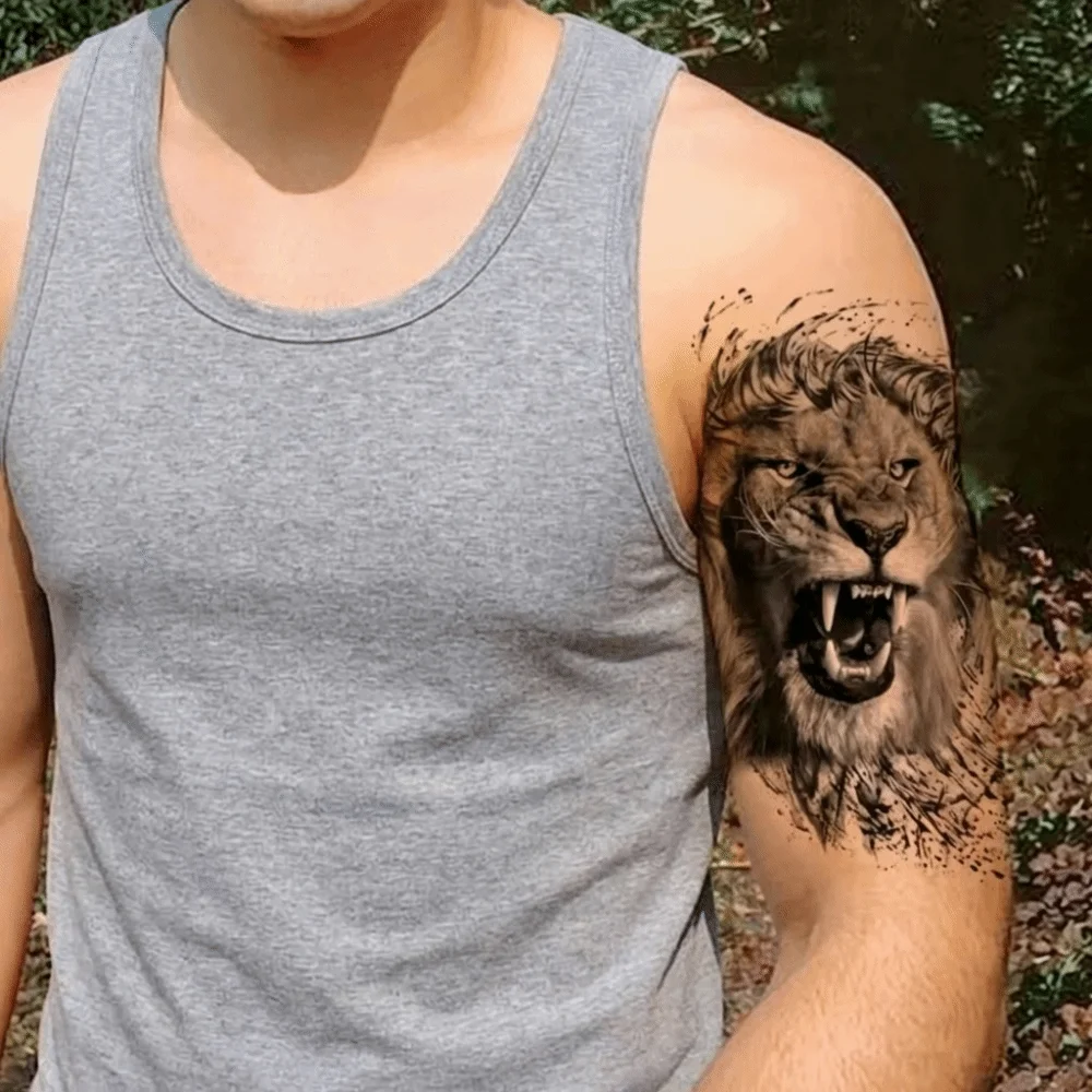 Wash Painting Style Men's Temporary Tattoos Water Transfer Decals Waterproof Tiger Lion Wolf Tattoo Stickers Long Lasting