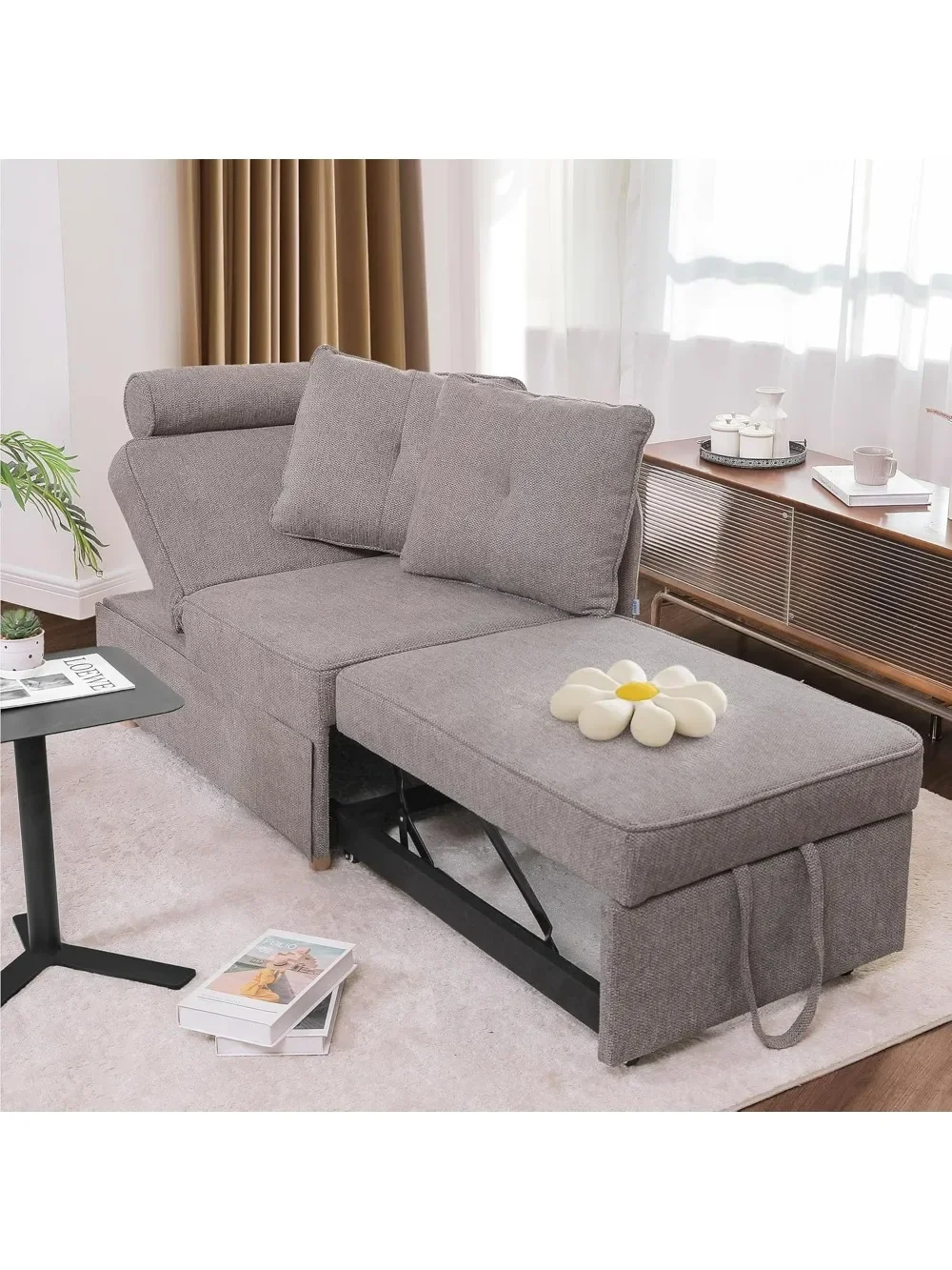 슬리퍼 소파 침대 컨버터블 소파, 린넨 원단 러브 시트 소파, 2 개의 스로우 베개, 작은 공간용 싱글 리클라이너, 4 인 1