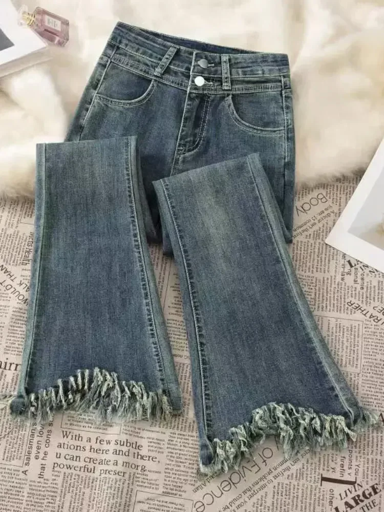 Wijde pijpen hoog getailleerde jeans met franjes dames casual Koreaanse mode slanke vaqueros knoppen vintage streetwear bootcut denim broek