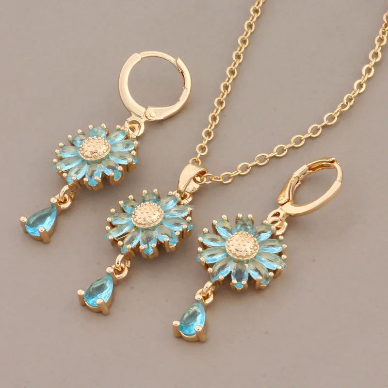 New Luxury Jewelry Sets Of Necklaces And Earrings Gold Color Flower Earrings Pink Natural Zircon Daily High Quality Jewelry Sets