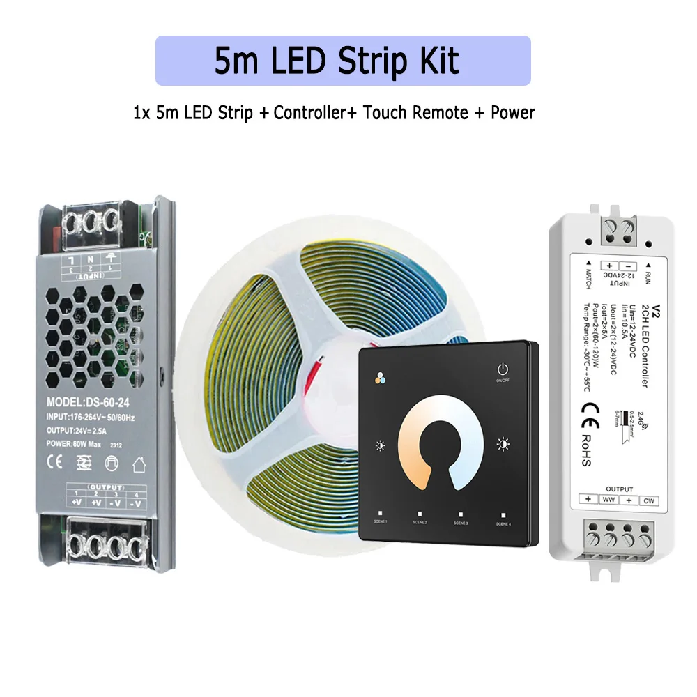 5M 10M 20M COB CCT LED-strip 24V Flexibele hoge dichtheid dimbaar kamerlicht 2.4G RF Touch afstandsbediening Dual White 2700K-6500K
