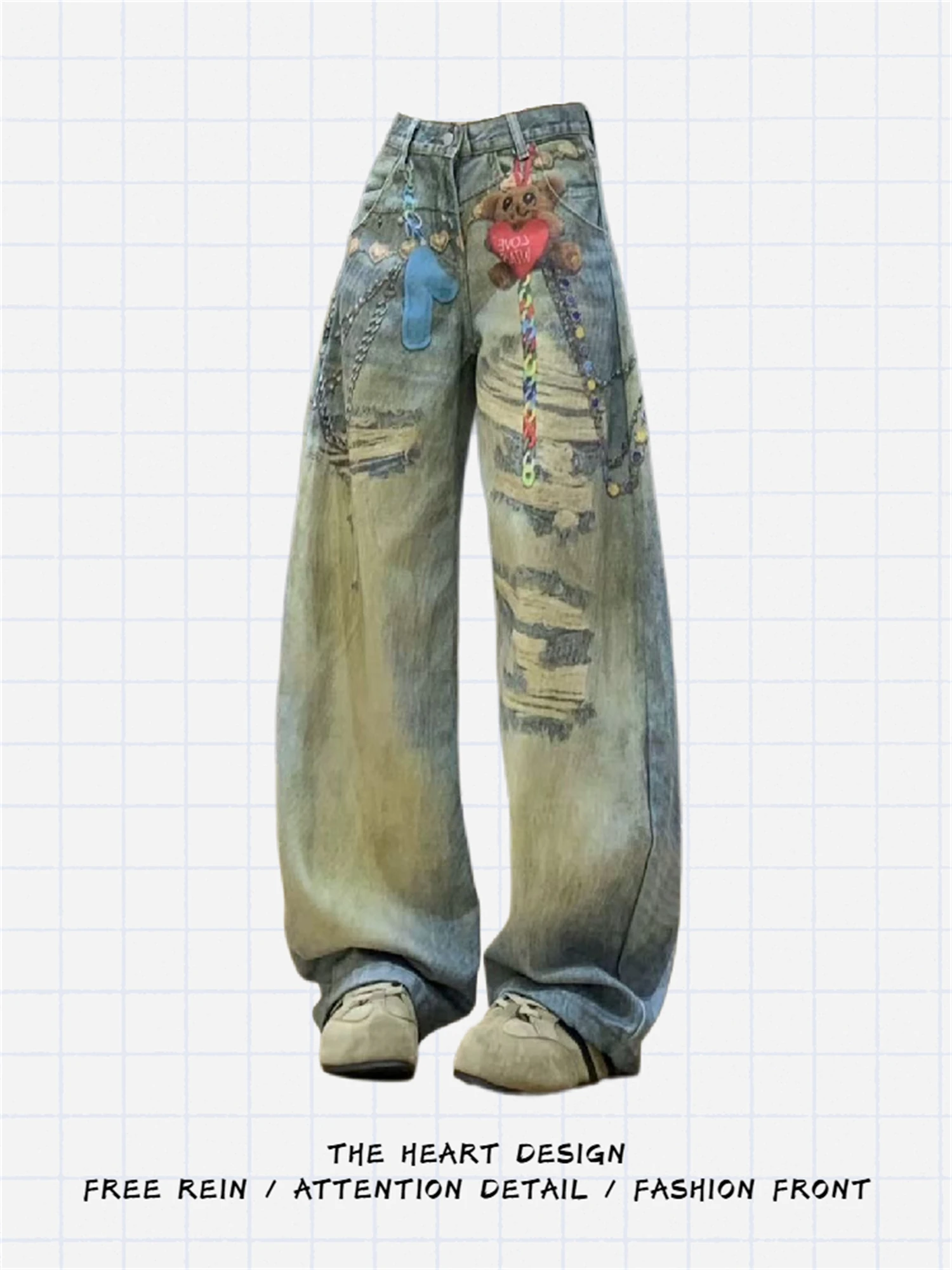 

Women's High Waist Wide Leg Jeans Light Blue Vintage Washed Cartoon Patch Chain Detail Y2K Streetwear Casual Denim Trousers