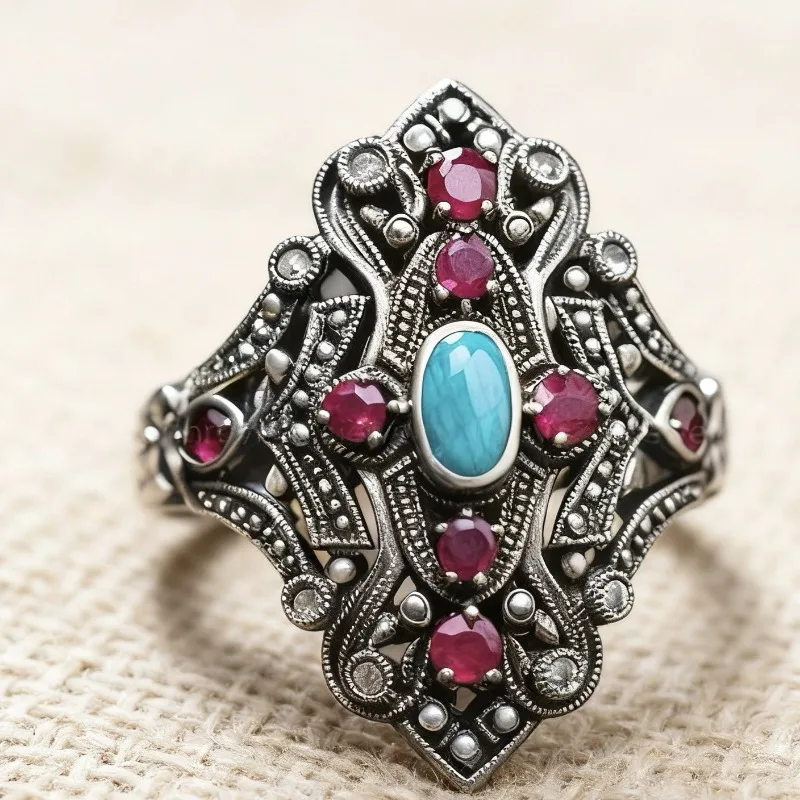 

2026 New Eco-Friendly Alloy Ring - Palace Style Retro Thai Silver Inspired Color Diamond Women's Ins Fashion Jewelry Accessory