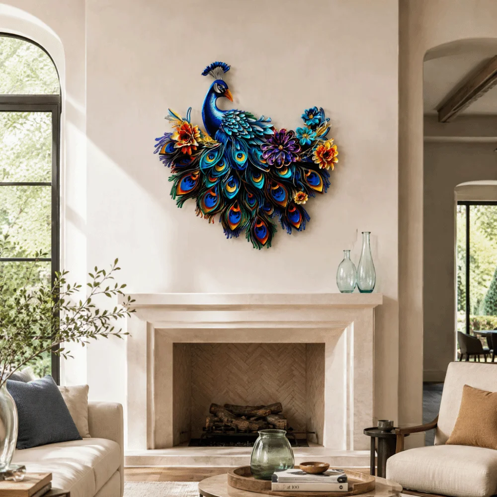 Outdoor Iron Metal Wall Decor Blue Sculpture Style Peacock Wall Art Garden Decoration 12 Inch Iron Wall Decor Patio Decor