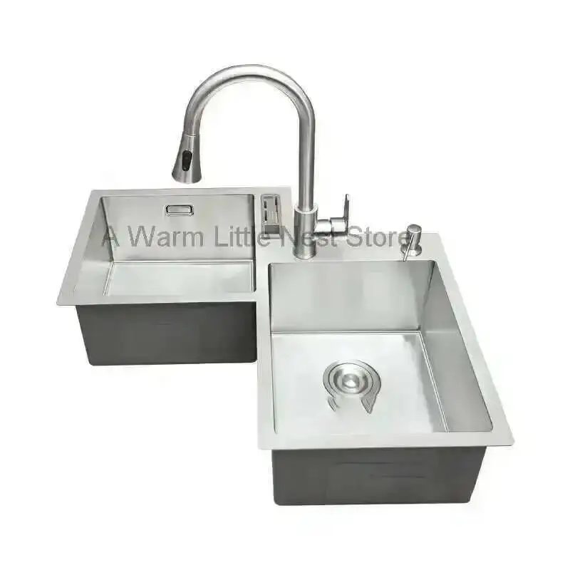

Furniture Thickened 304 Stainless Kitchen Steel Sink Basin Corner Shaped Double Stainless Steel Kitchen Sinks Accessories Bh