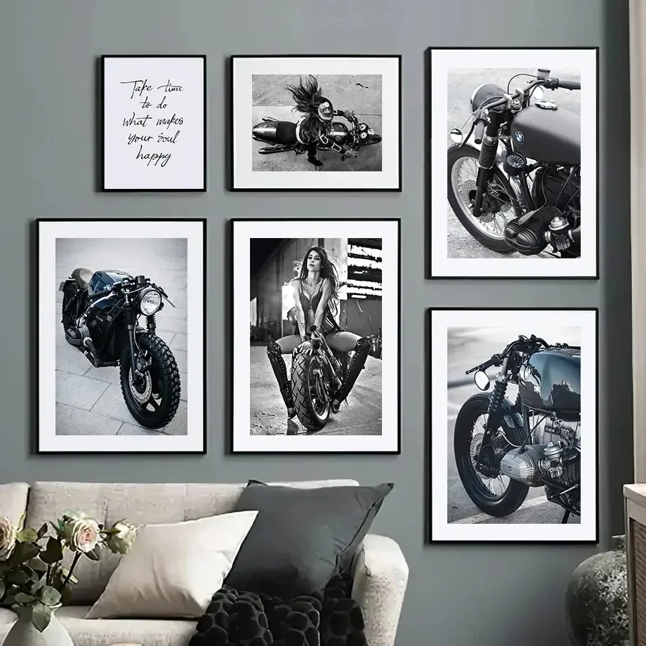 Peinture sur toile avec image de moto, Art mural moderne, mode, affiche et impression en noir et blanc pour la décoration de la maison, Design mural de dortoir