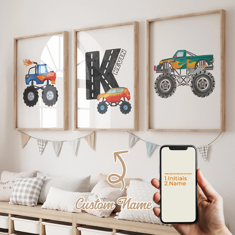 

Modern Personalized Name Custom Red Flame Monster Truck Wall Art Print Canvas Painting Poster Picture For Kids Room Home Decor