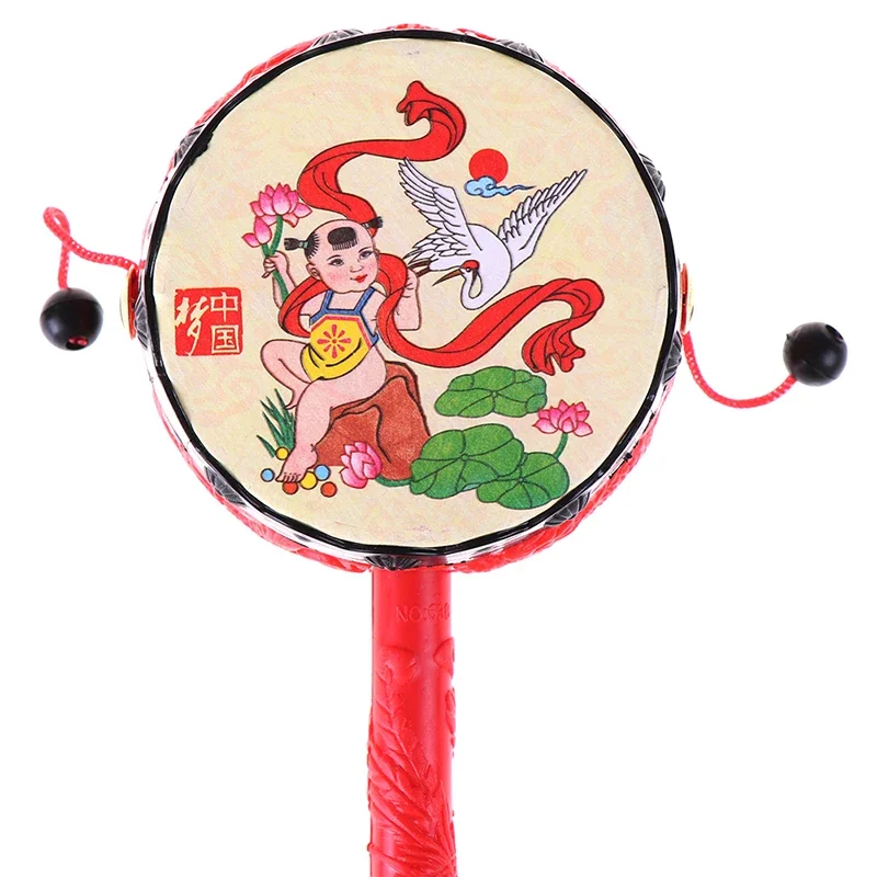 1Pc Chinese Traditionele Spin Speelgoed Rammelaar Drum Cartoon Hand Bell Voor Baby Cadeau Nieuw