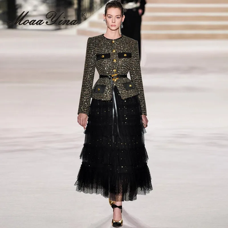 

Женский комплект MoaaYina: однобортный топ с завязками на талии и сетчатая юбка с пайетками, модный, элегантный, в стиле «маленький аромат», из двух предметов