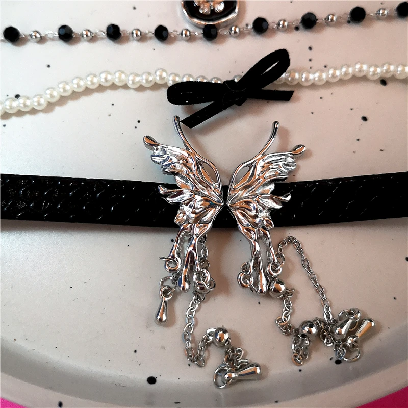 فراشة المختنق اللؤلؤ القوس معدن كريستال زهرة مطرز قلادة للنساء الشرير الجمالية 2000s EMO الجرونج مجوهرات اكسسوارات #5