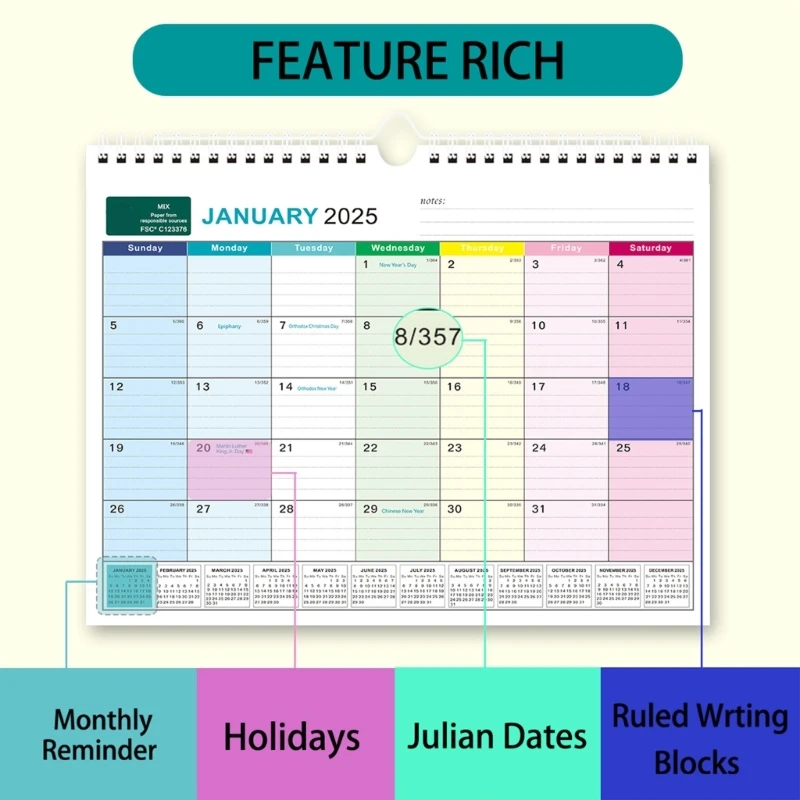 Calendario 2025, planificador semanal, calendario pared, calendario escolar, edición en inglés, calendario colgante para y