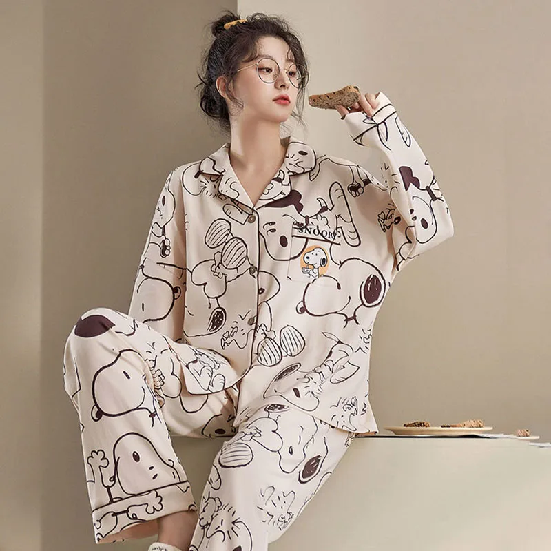 Cartoon Snoopy Spring Pajamas Anime Cartoon Long Sleeves Pants Pajamas Ins Student Dormitory Loose Casual Loungewear Set