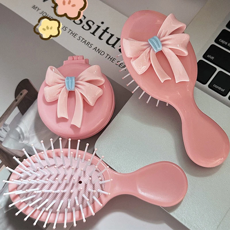 Bow Folding Massage Comb With Mirror Head Massage Anti-Static Mini Air Cushion Comb Portable Travel Girl Hair Combs