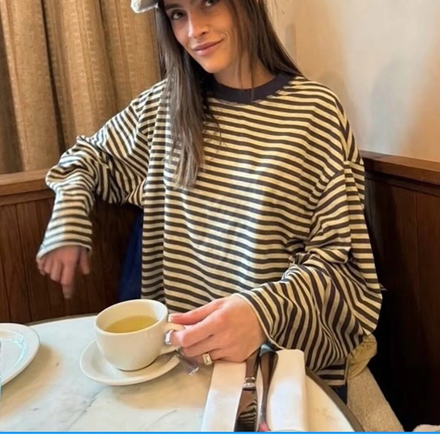 Cseta de Verano Nueva, Hoada, de Manga Larga, Cuello Redondo, a Rayas, Informal, Cómoda, Estilo Casual para Mujer, de Fi...