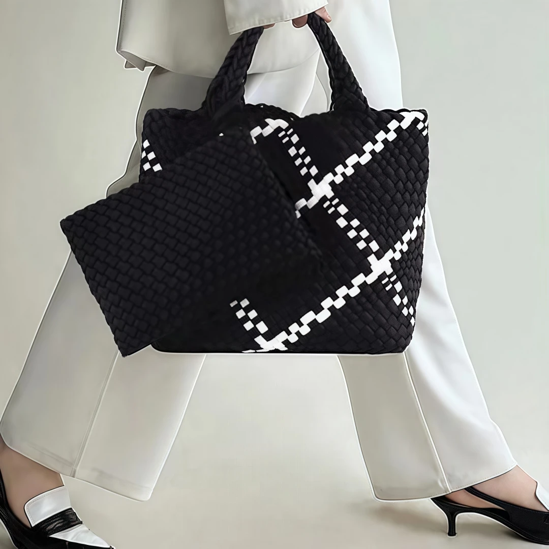 

2PCS Woven Bag for Women Neoprene Tote Bag Summer Beach Handbag Purse Retro Handmade Travel Shoulder Set Neoprene Weave Tote Bag